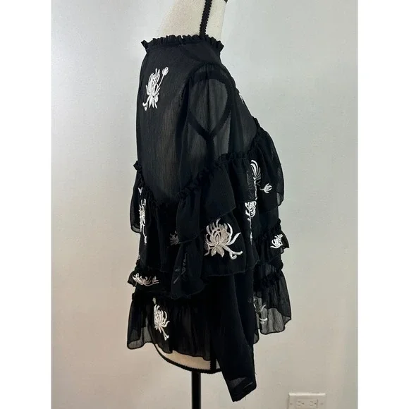 Zara Woman Floral Embroidered Ruffle Tiered Sheer Blouse Top Black M - Picture 2 of 5